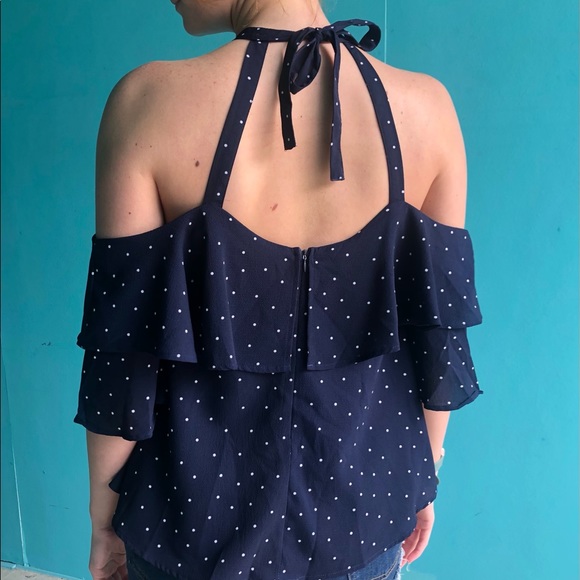 She + Sky polka dot cold shoulder navy blue top. - Picture 5 of 7